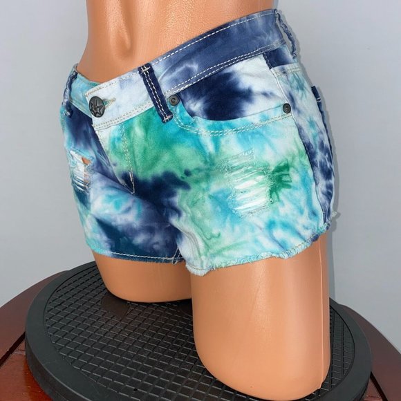 Hippie Laundry Juniors 7 Blue Green White Tie Dye Distressed Fringe Hem Shorts - Picture 5 of 12